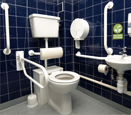 A bathroom with toilet and sink and numerous handles and bars attached to the wall to make it easier to balance and move about the room.