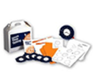 An educational kit with 7 cardboard clocks with moveable hands and several worksheets. 