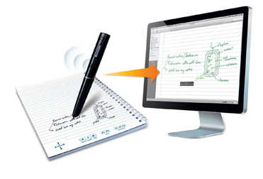 a chunky, black livescribe digital pen draws notes and pictures in a notebook. What is written is shown being transmitted to a computer screen.