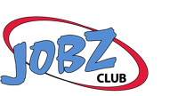 JOBZ Club Logo. JOBZ is written in thick, light blue letters. Club is writtn in small, black letters. Both are encircled by a red oval. 