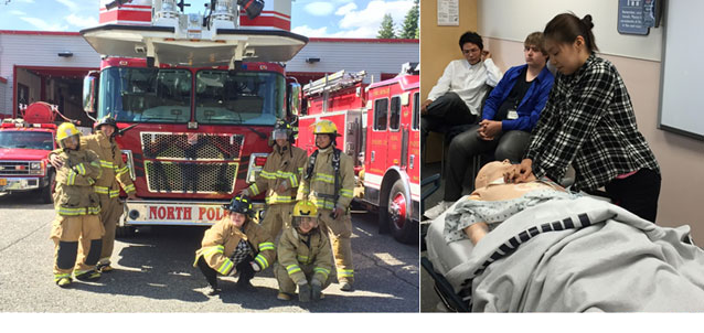 Two pictures side by side. The first is of six students dressed in fire fighter gear posing in front of a fire truck. In the second picture, a student stands over a training dummy practing CPR. Two other students are seated in back and watching. 